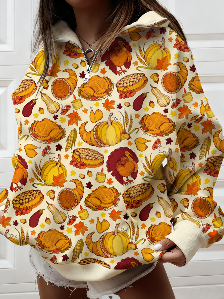 Vintage Casual Loose-Fit Animal Art Half-Zip Hoodie Femme