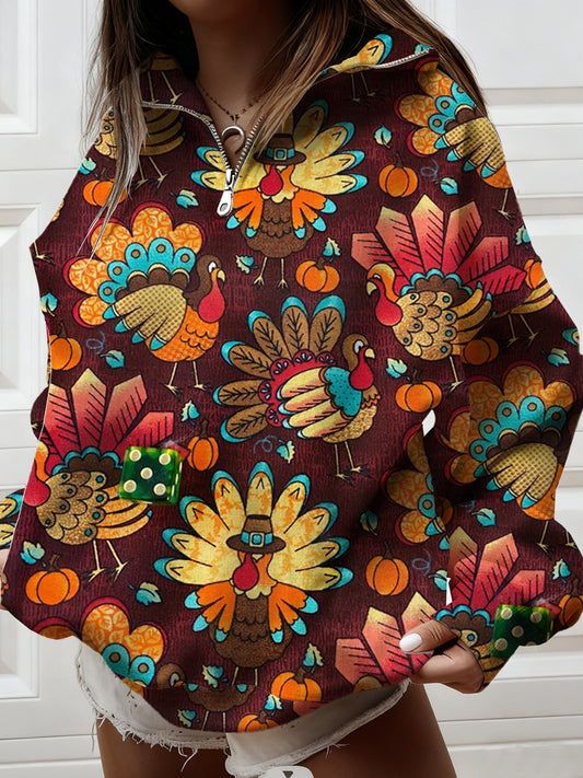 Vintage Casual Loose-Fit Animal Art Half-Zip Hoodie Femme