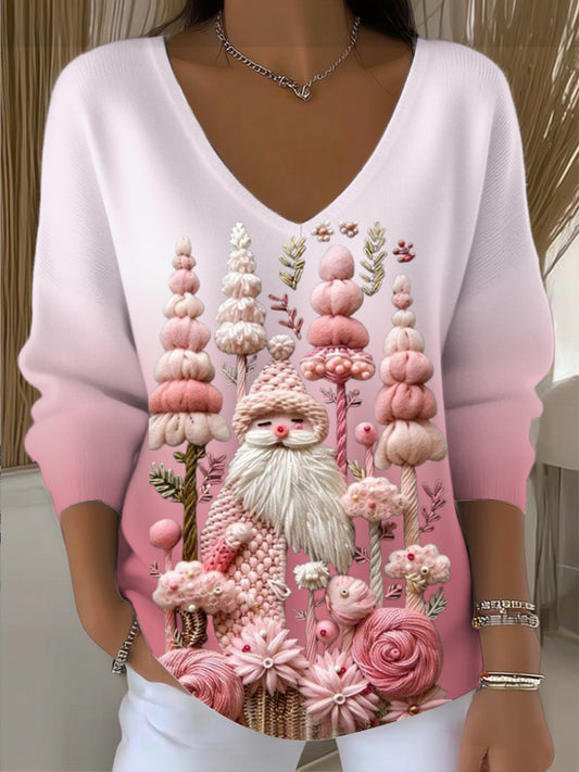 Pull Femme Noël Unique Rose Père Noël & Fleurs Col V