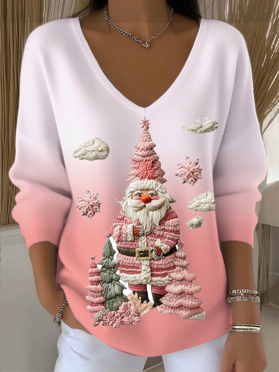 Pull à col en V pour femme Noël Festive Rose Santa 3D Broderie