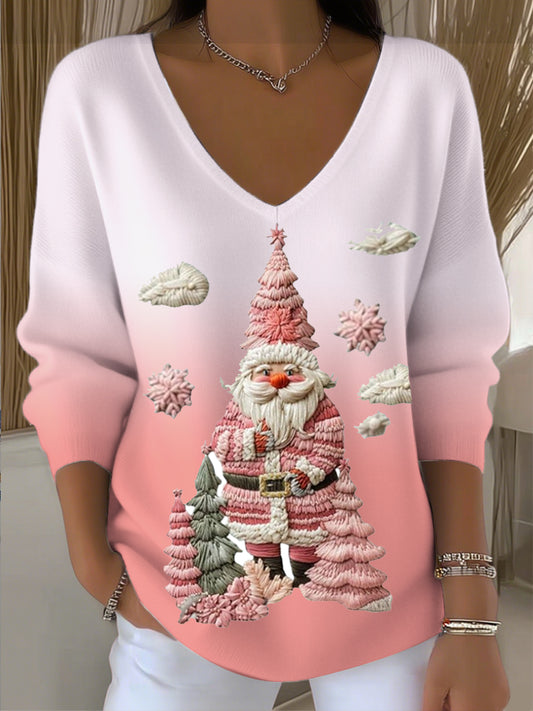 Pull à col en V pour femme Noël Festive Rose Santa 3D Broderie