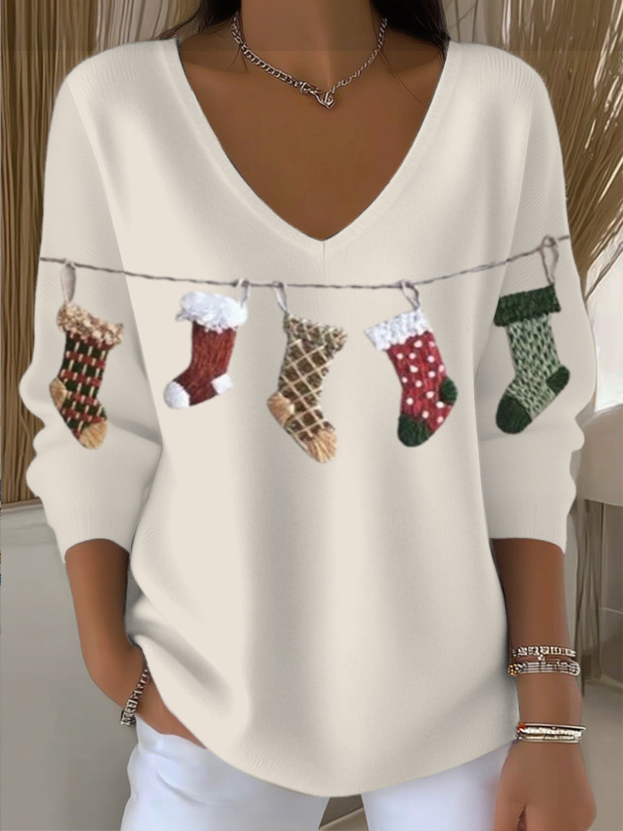 Pull à col en V à imprimé bas de Noël classique pour femme