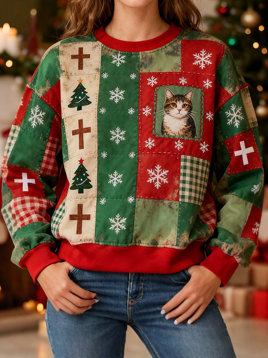 Sweatshirts à imprimé chat de Noël pour femmes
