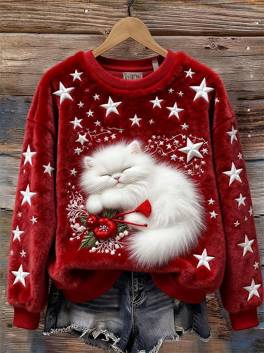 Noël Sleeping Fuzzy Cat Stars Art Sweat-shirt confortable en peluche pour femmes