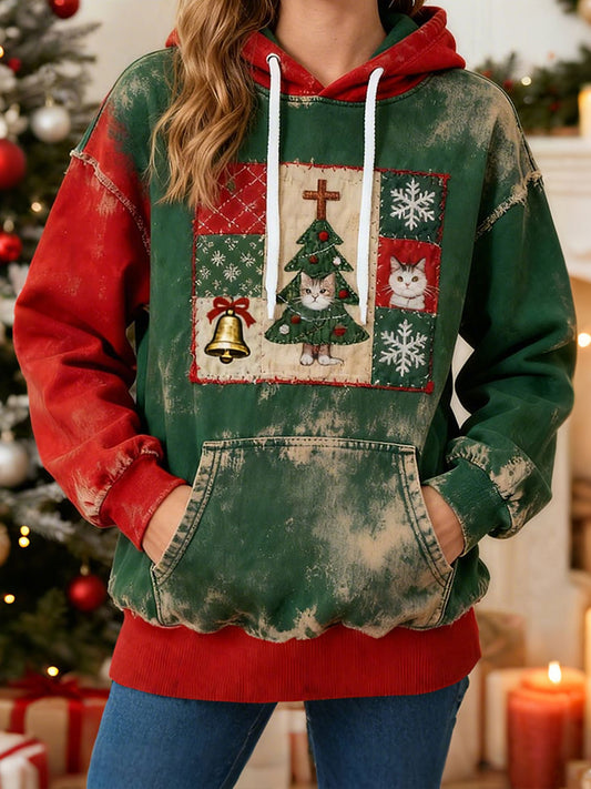 Sweat à capuche imprimé chat de Noël pour femmes