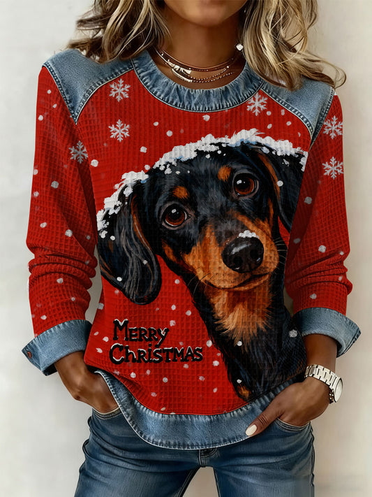 Les femmes de Noël Vintage chien Denim Patchwork Sweatshirt