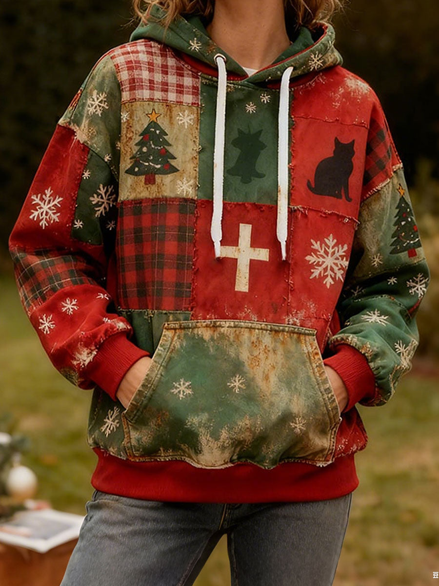 Sweat à capuche imprimé chat de Noël pour femmes