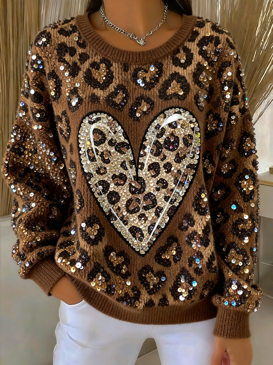 Thanksgiving Leopard Print Heart Art ras du cou pull pour femmes
