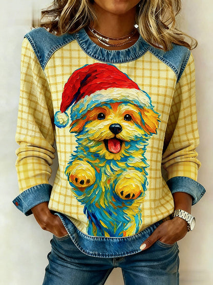 Les femmes de Noël Vintage chien Denim Patchwork Sweatshirt