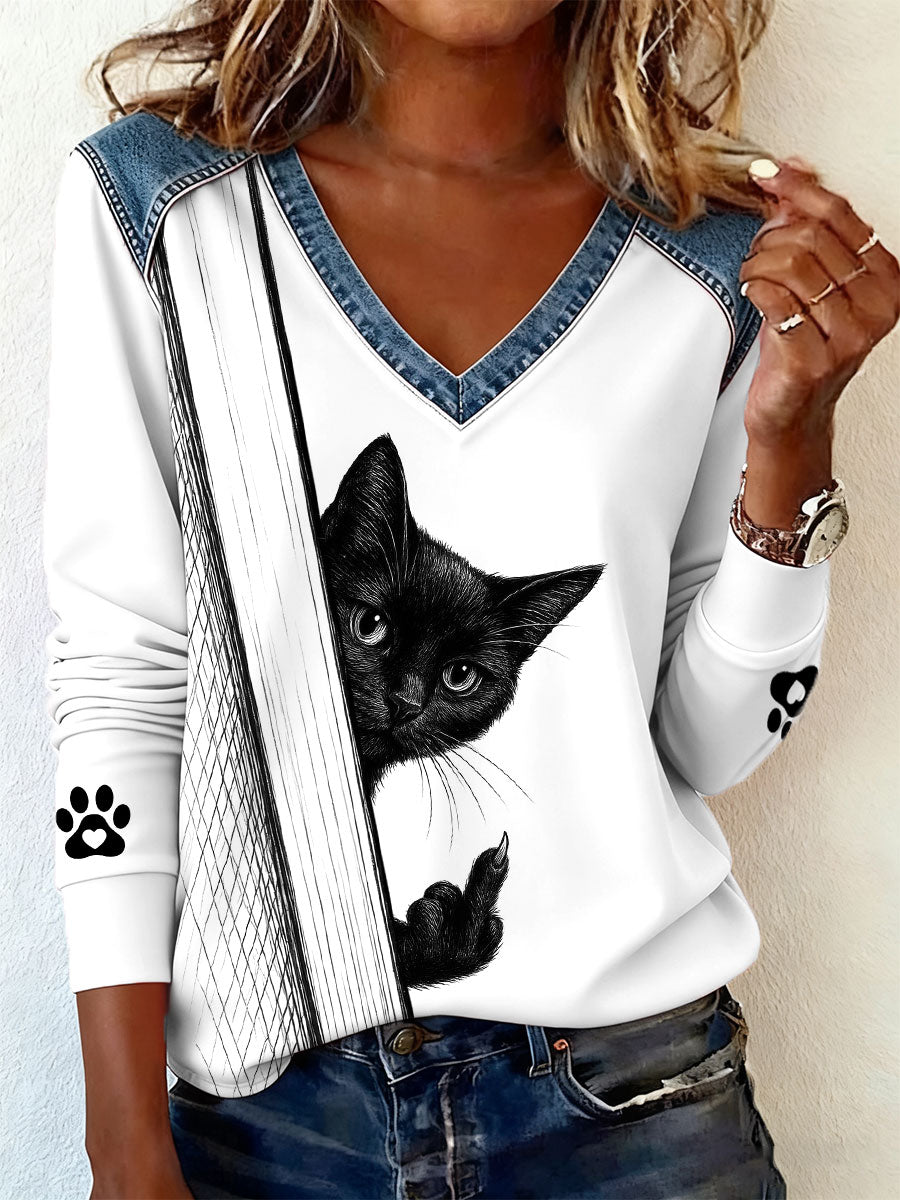T-shirts à col en V Cat Lover pour femmes