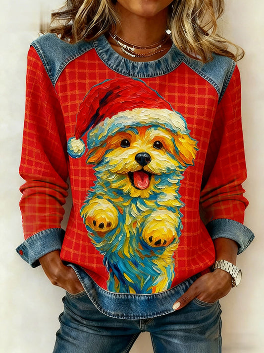 Les femmes de Noël Vintage chien Denim Patchwork Sweatshirt