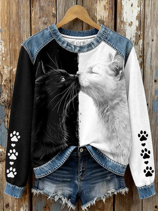 Sweatshirts Femme Chat Noir et Blanc