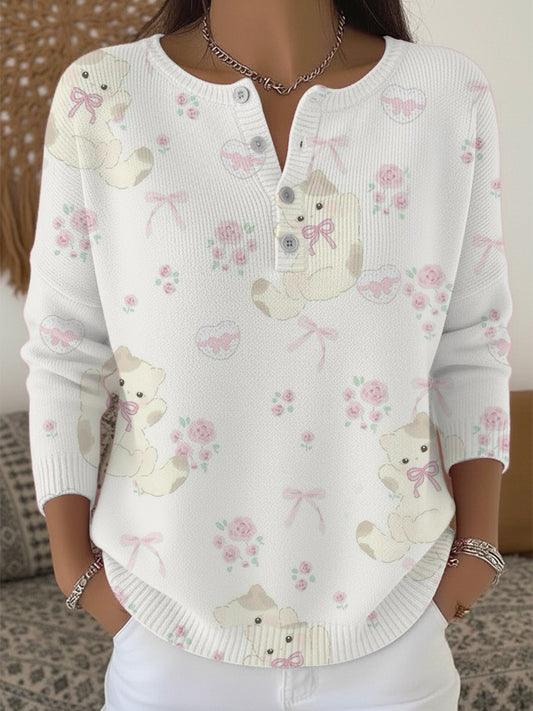 Chandail Henley à imprimé floral et chat mignon pour femmes