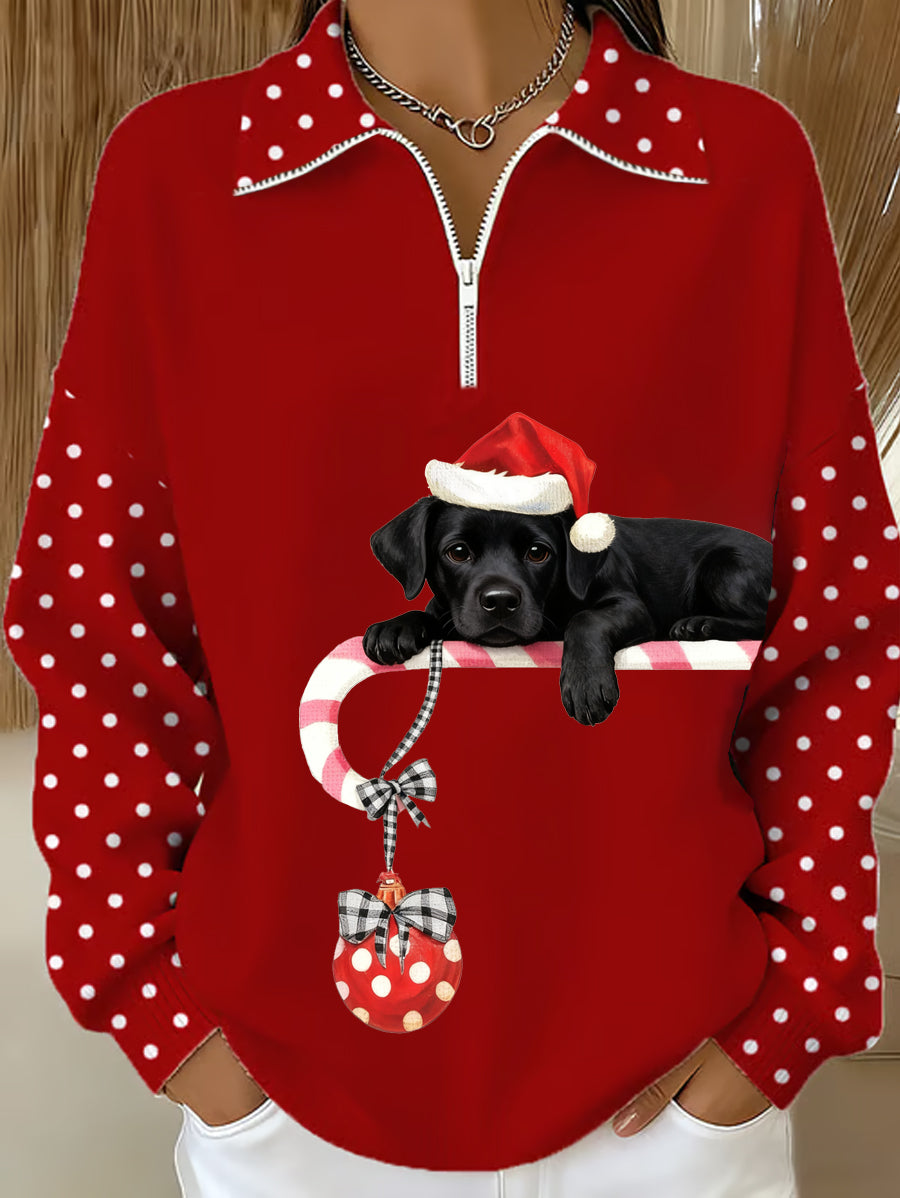 Sweat-shirt à fermeture éclair décontracté à imprimé chien mignon de Noël pour femmes