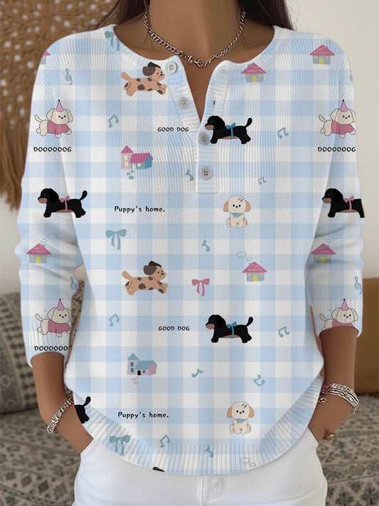 Chandail à col Henley Sweet Vichy Dog Print Femme