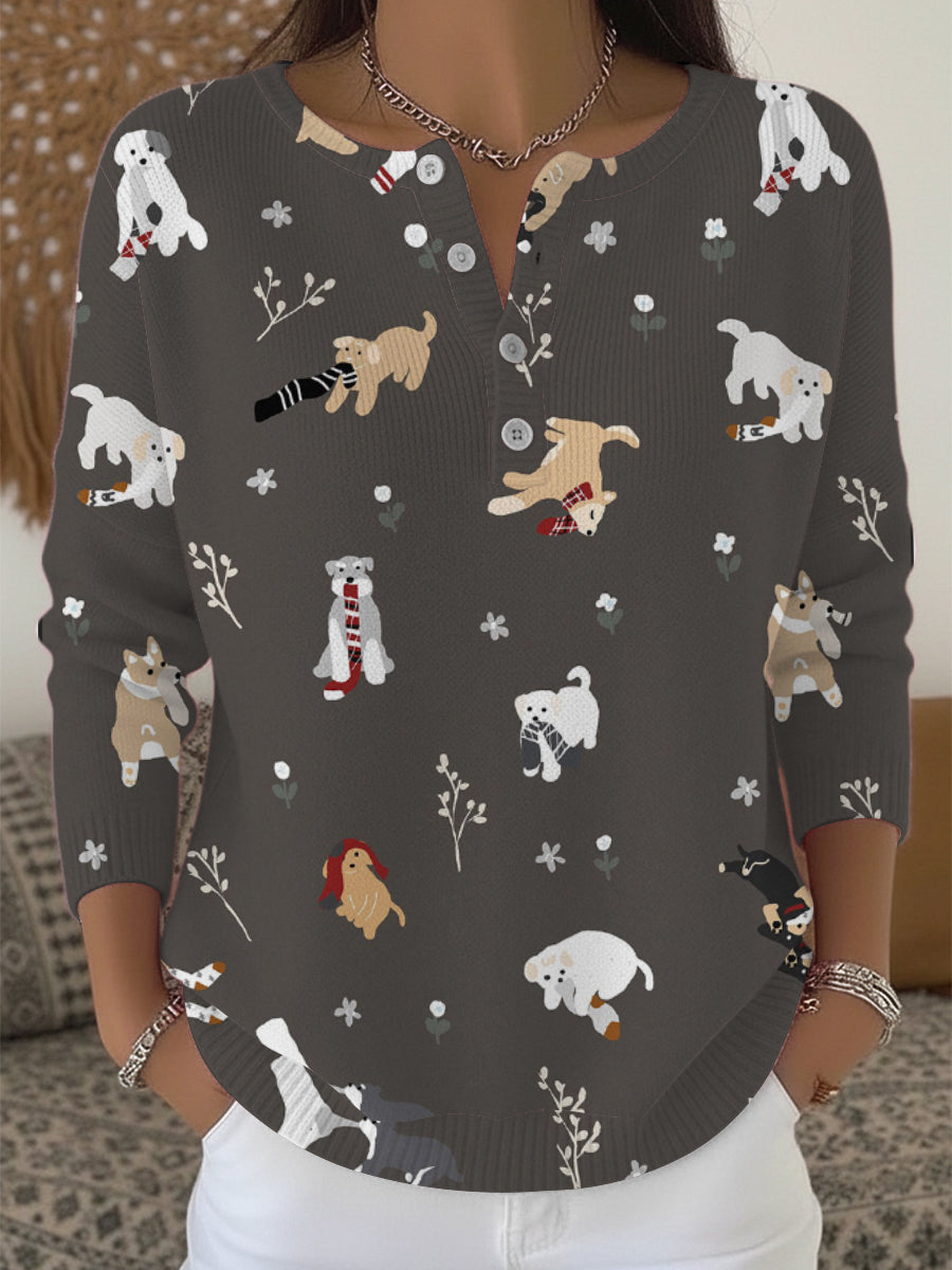 Chandail à motif Henley pour femme Playful Dog