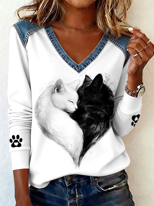 T-shirts à col en V Cat Lover pour femmes