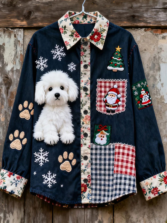 Chemise décontractée à imprimé chien de Noël pour femmes