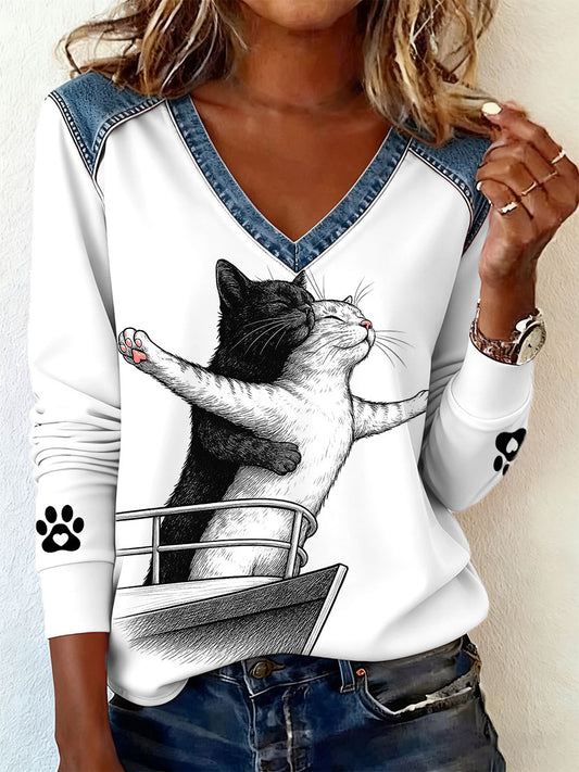 T-shirts à col en V pour femmes Cats Lover