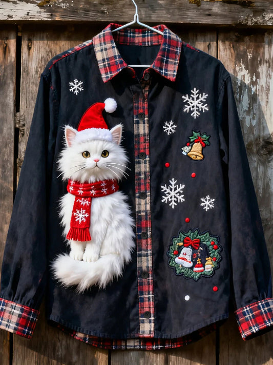 Chemise décontractée à imprimé chat de Noël pour femmes