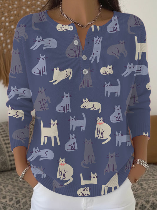 Chandail Henley Minimaliste Chat Imprimé Femme