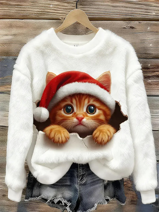 Mignon Noël Chat Art Imprimer Flanelle Casual Sweatshirt