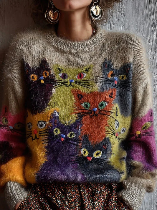 Pull décontracté confortable rétro imprimé Art animal pour femmes