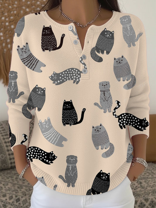Pull Henley élégant à imprimé chat gris noir pour femmes