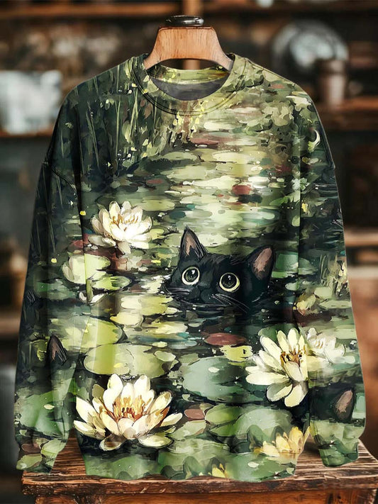 Lotus Noir Chat Imprimer Casual Crewneck Sweatshirt