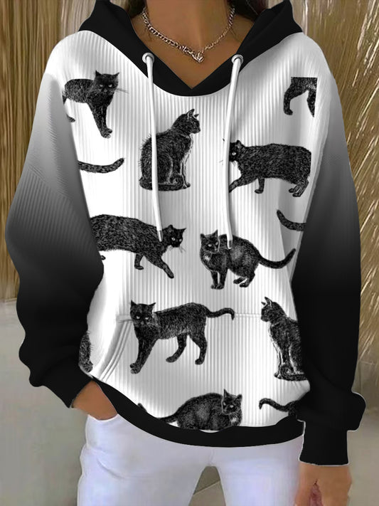 Sweat à capuche noir mignon imprimé chat pour femmes