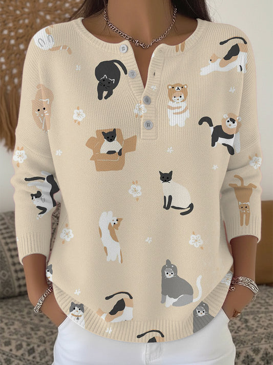 Pull Henley à imprimé chat mignon pour femmes