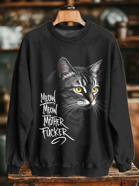 Sweat-shirt décontracté à col ras du cou imprimé chat drôle