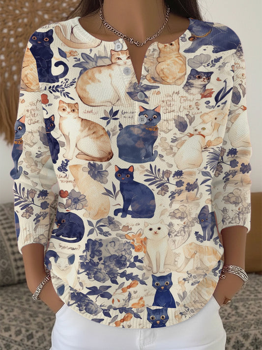 Chandail Henley Artistic Cat & Floral pour femme