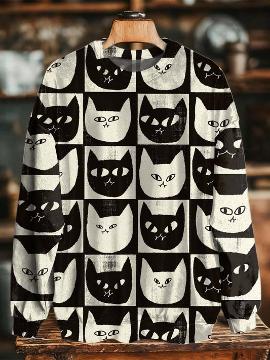 Sweat à col rond décontracté à imprimé chat noir et blanc