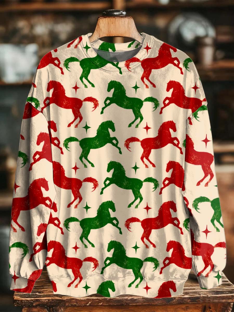 Retro Horse Print Casual Crewneck Sweatshirt