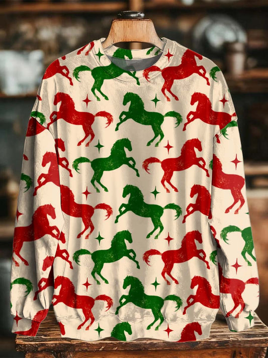 Retro Horse Print Casual Crewneck Sweatshirt