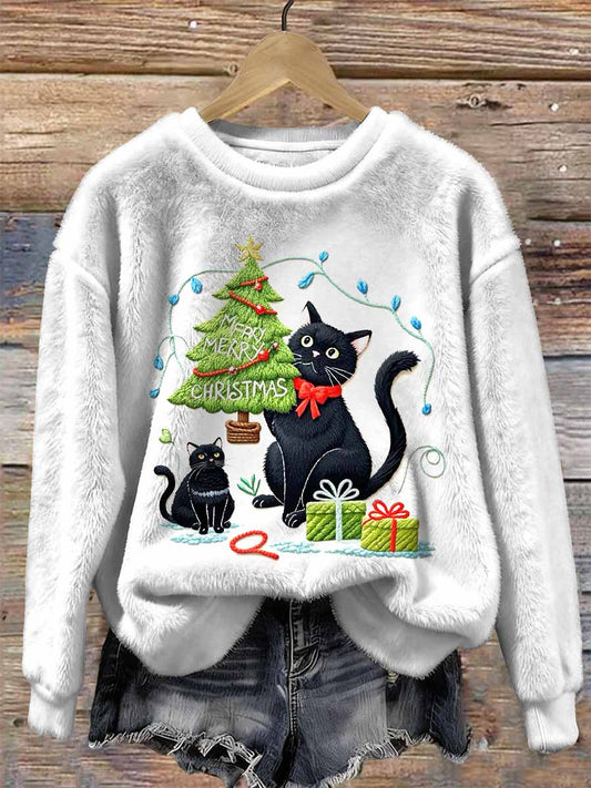 Sweat-shirt vintage à manches longues motif de chat de Noël