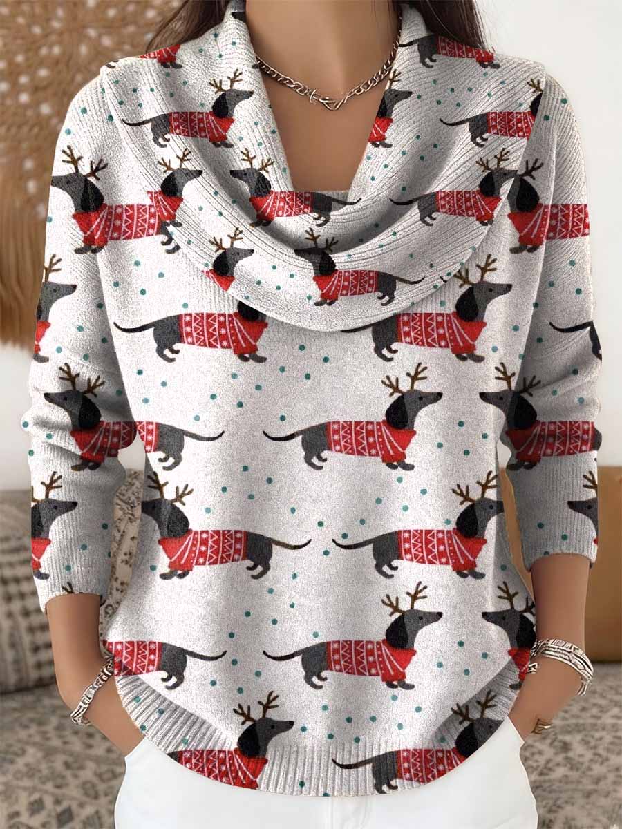 Pull rétro à manches longues pour femmes Motif chien saucisse de Noël