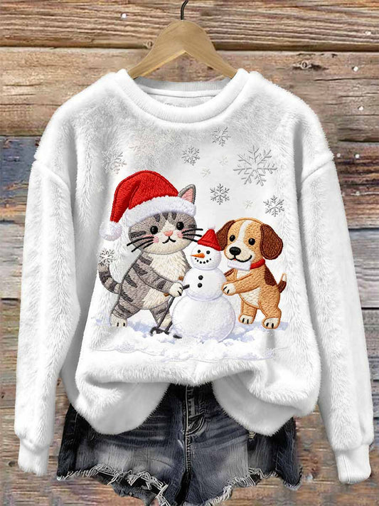 Sweat-shirt vintage à manches longues motif de chat de Noël