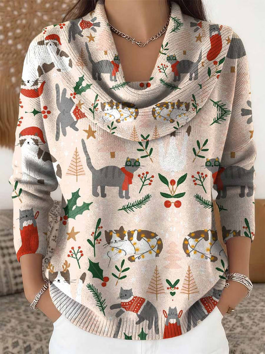 Pull à manches longues pour femmes rétro motif chat de Noël