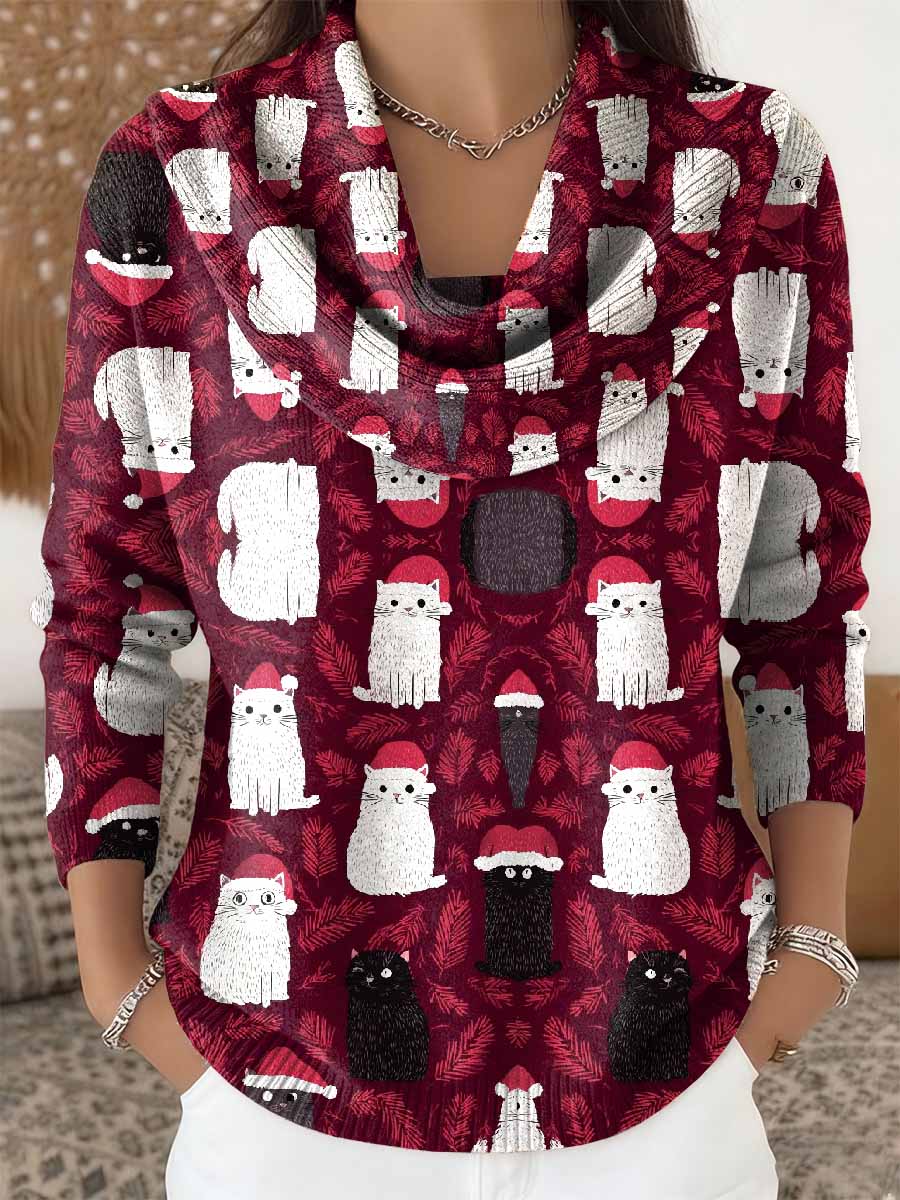Pull à manches longues pour femmes rétro motif chat de Noël