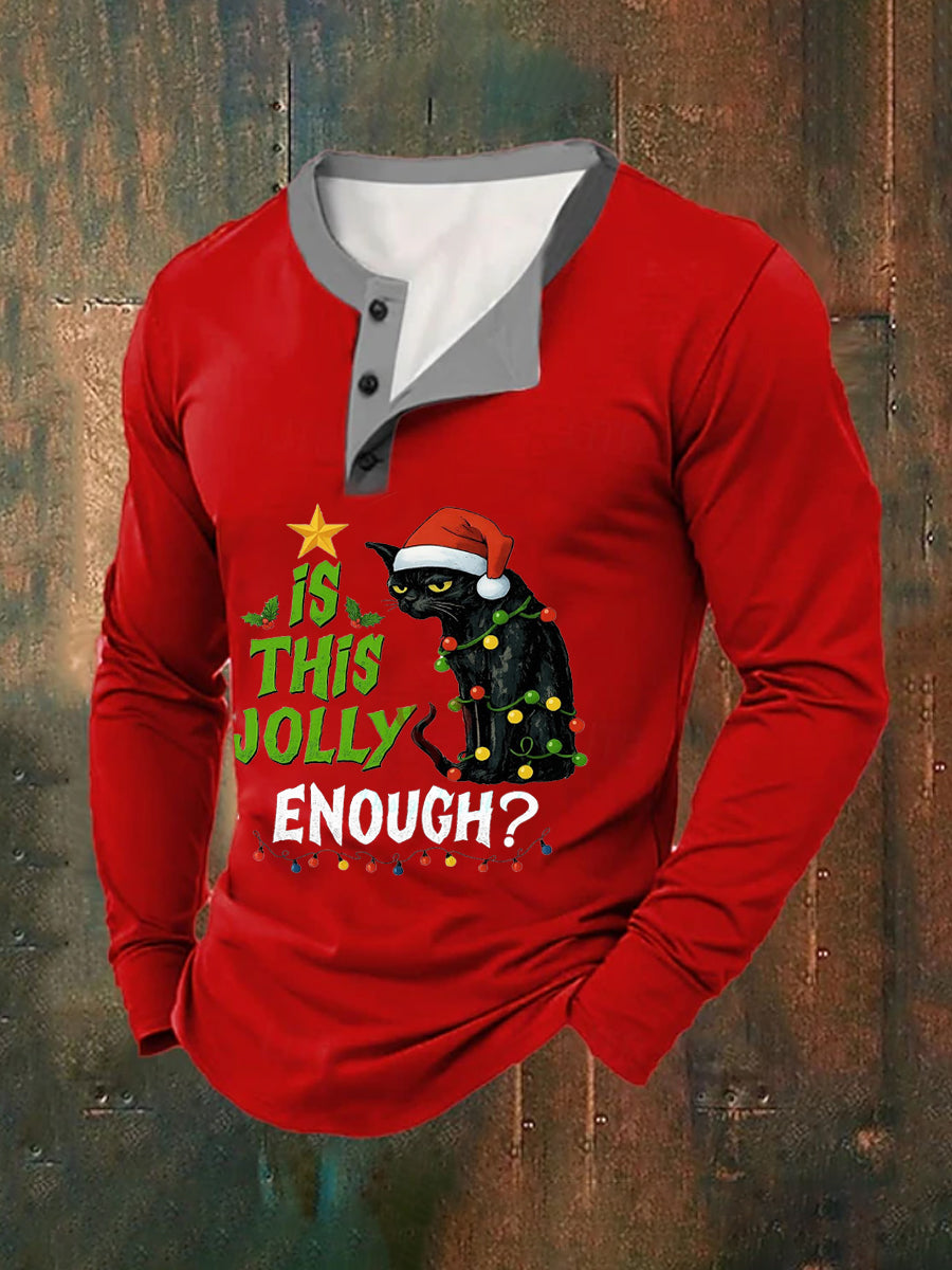 Funny Christmas Black Cat des hommes est ce Jolly assez? T-shirt décontracté à manches longues