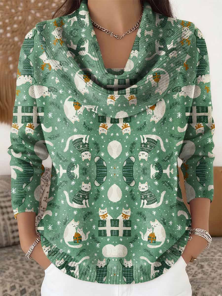 Pull à manches longues pour femmes rétro motif chat de Noël