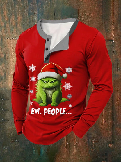 T-shirt à manches longues décontracté pour hommes Funny Christmas Cat Ew People