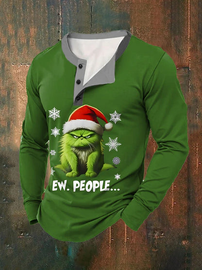 T-shirt à manches longues décontracté pour hommes Funny Christmas Cat Ew People