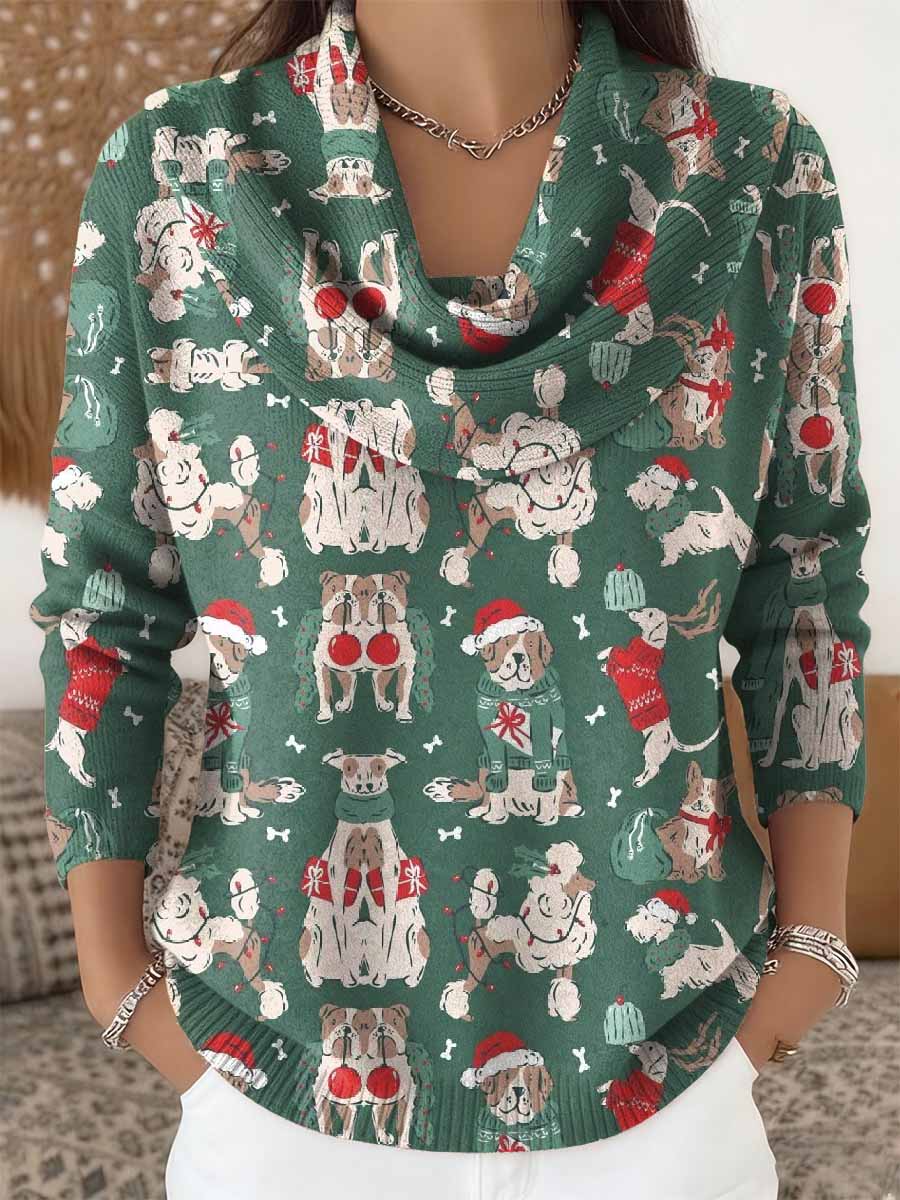 Pull à manches longues pour femmes rétro motif chien de Noël