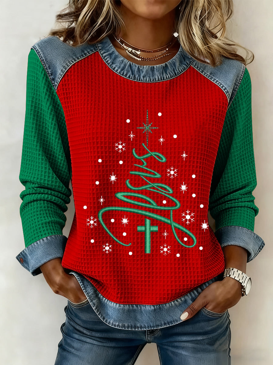 Femmes Joyeux Noël Jésus Croix Arbre De Noël Art Imprimé Casual Waffle Top