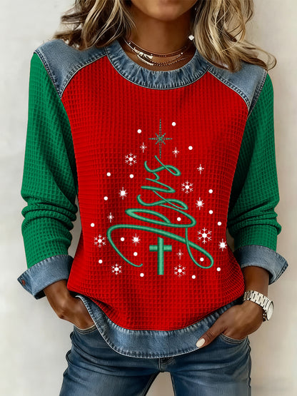 Femmes Joyeux Noël Jésus Croix Arbre De Noël Art Imprimé Casual Waffle Top