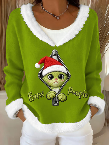 Top Femme EW People Vert Col En Fourrure De Chat