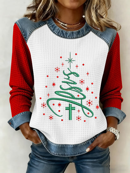 Femmes Joyeux Noël Jésus Croix Arbre De Noël Art Imprimé Casual Waffle Top